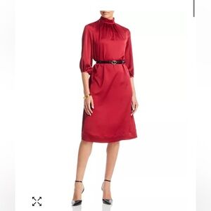 Misook Pleated Mock Neck A Line Dress in Scarlet Red